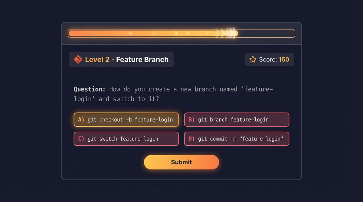 Git practice game for commits, branches, and merges